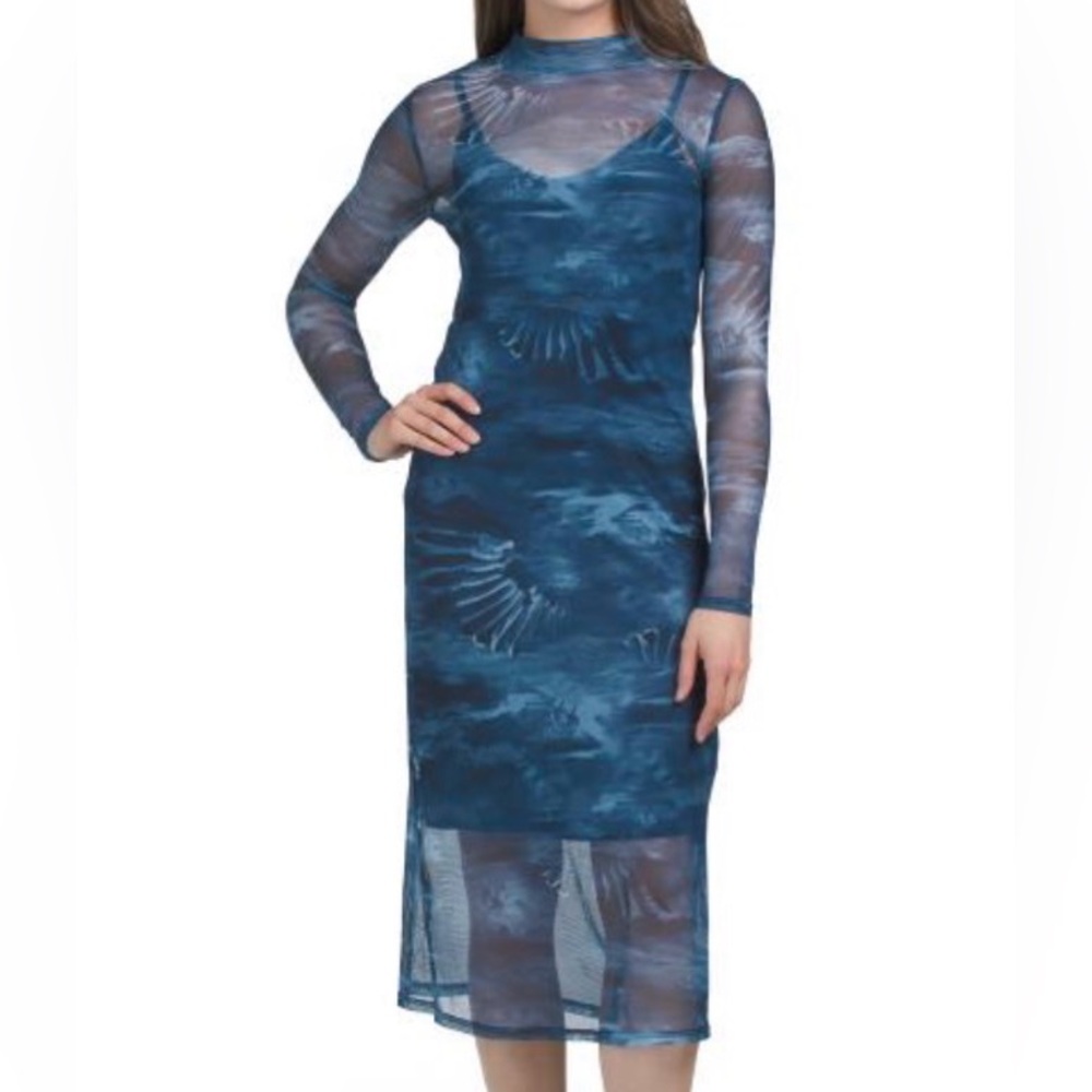 Frye Mainline Small Women’s Ensign Blue Combo Sheer Sleeve Mesh Midi Dress NWT